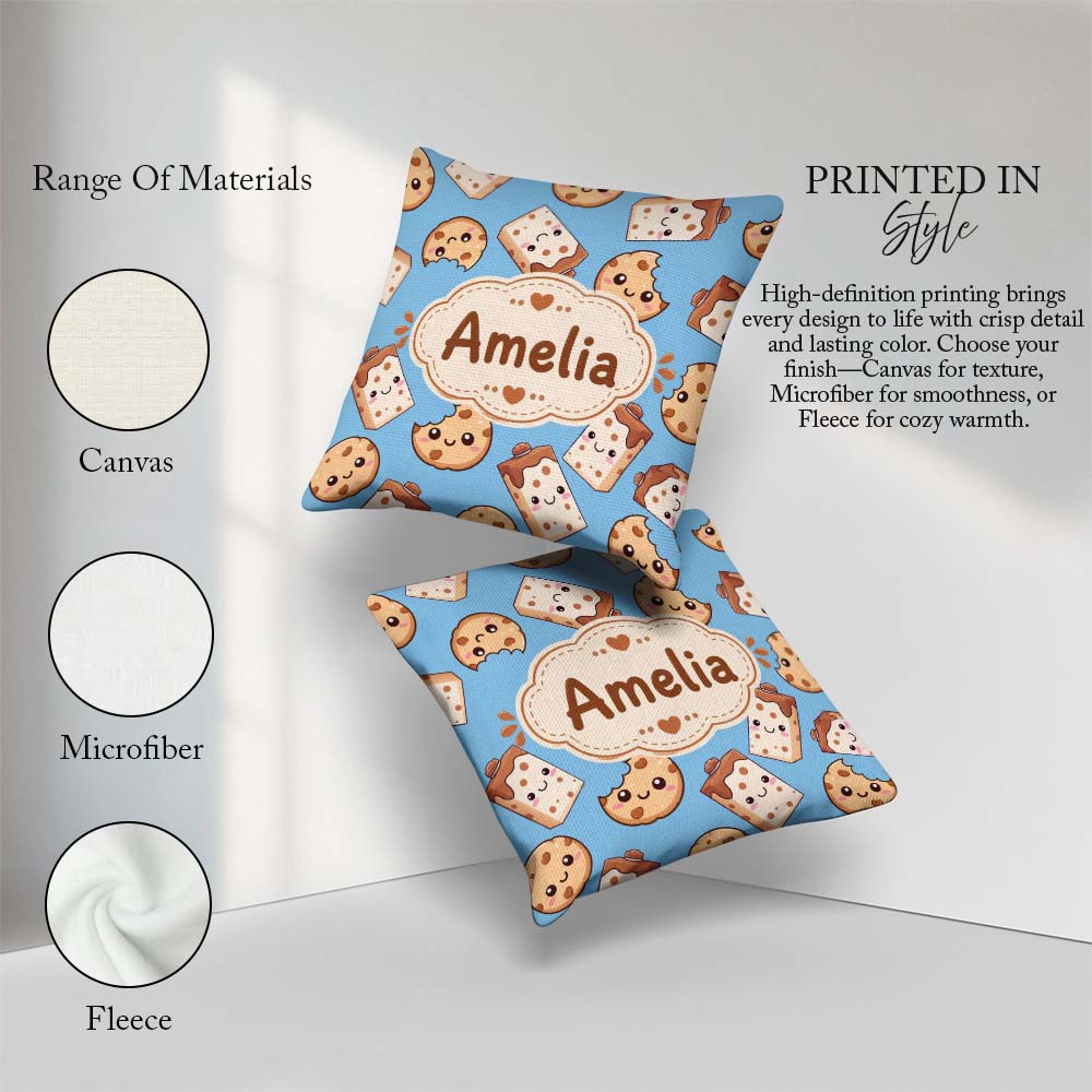 Custom Name Cookies and Milk Cartons on Blue Background Seamless Square Filled Cushion Throw Pillow Sofa Bed Home Decor Zip Washable UK Made