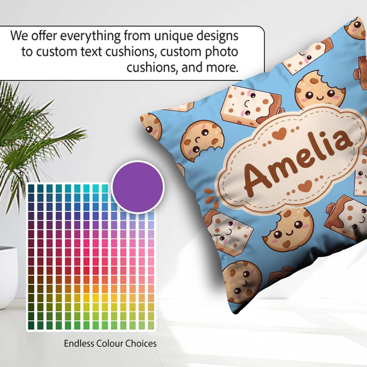 Custom Name Cookies and Milk Cartons on Blue Background Seamless Square Filled Cushion Throw Pillow Sofa Bed Home Decor Zip Washable UK Made