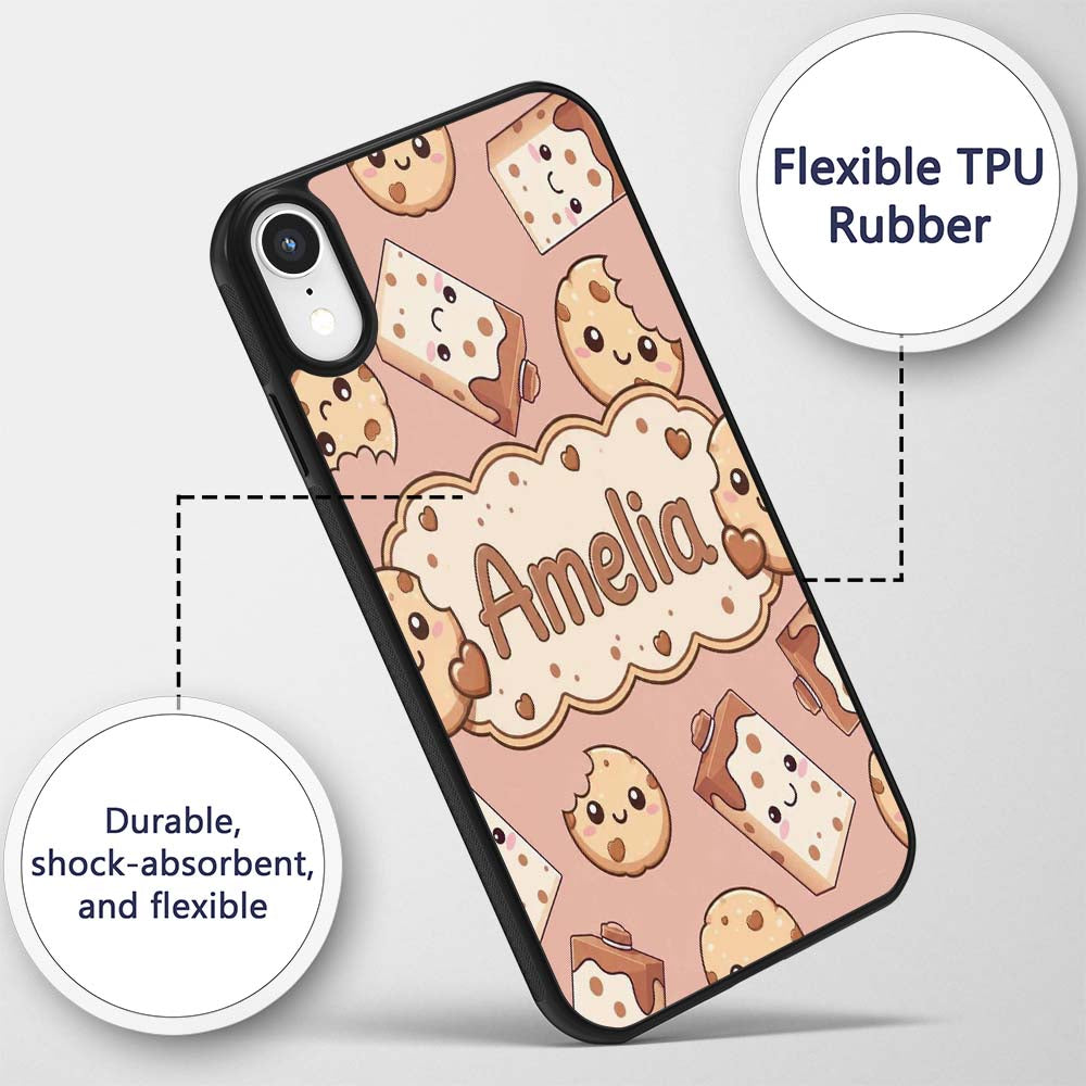 Cute Kawaii Cookies and Milk Cartons on Peach Custom Name Protective Phone Case Mobile Cover Durable Everyday Smartphone Shock Resistant