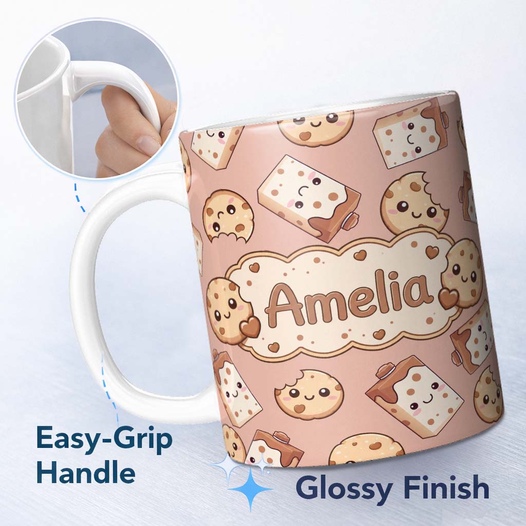 Personalized Custom Name Cute Kawaii Cookies and Milk Cartons on Peach Background Seamless 11oz Ceramic Coffee Tea Mug White Large Handle