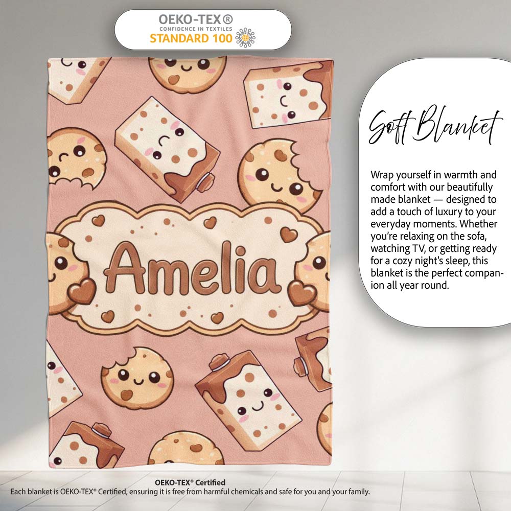 Cute Kawaii Cookies and Milk Cartons on Peach Background Seamless Personalised Custom Name Super Soft Fleece Blanket Bed Sofa Throw