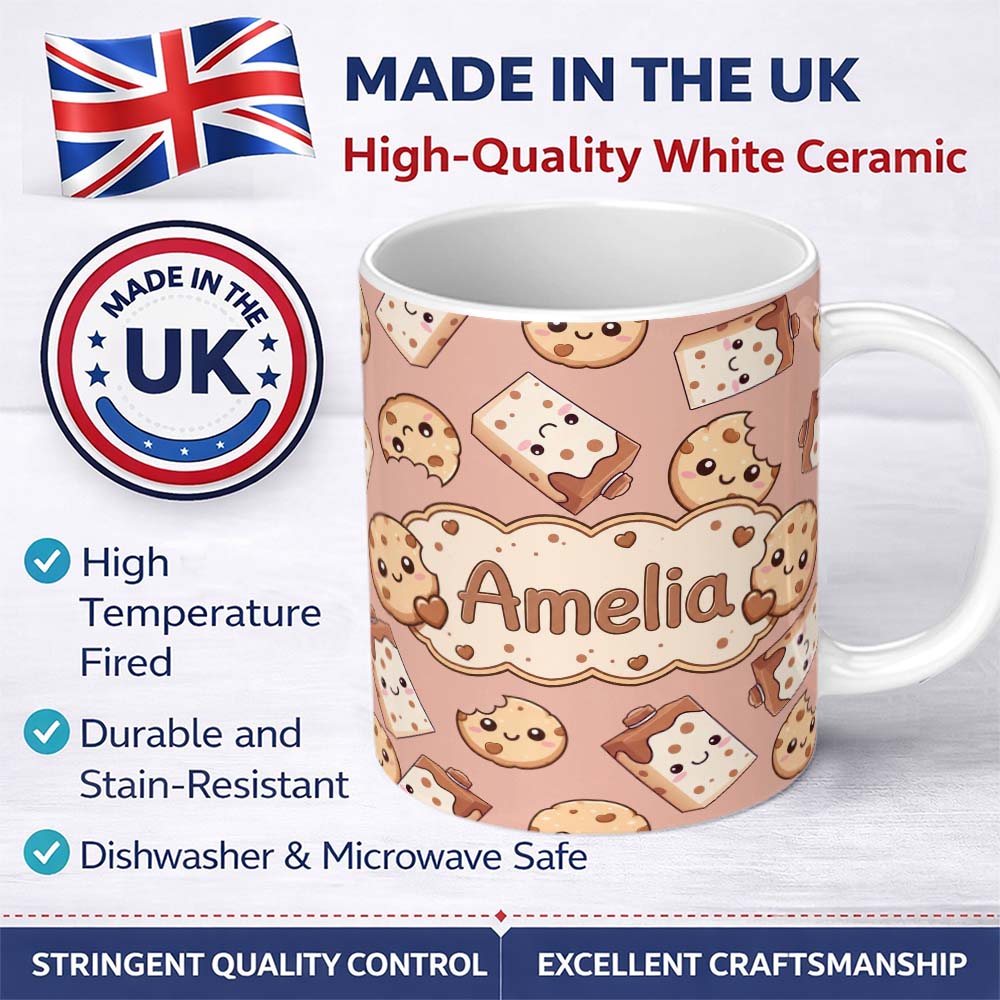 Personalized Custom Name Cute Kawaii Cookies and Milk Cartons on Peach Background Seamless 11oz Ceramic Coffee Tea Mug White Large Handle