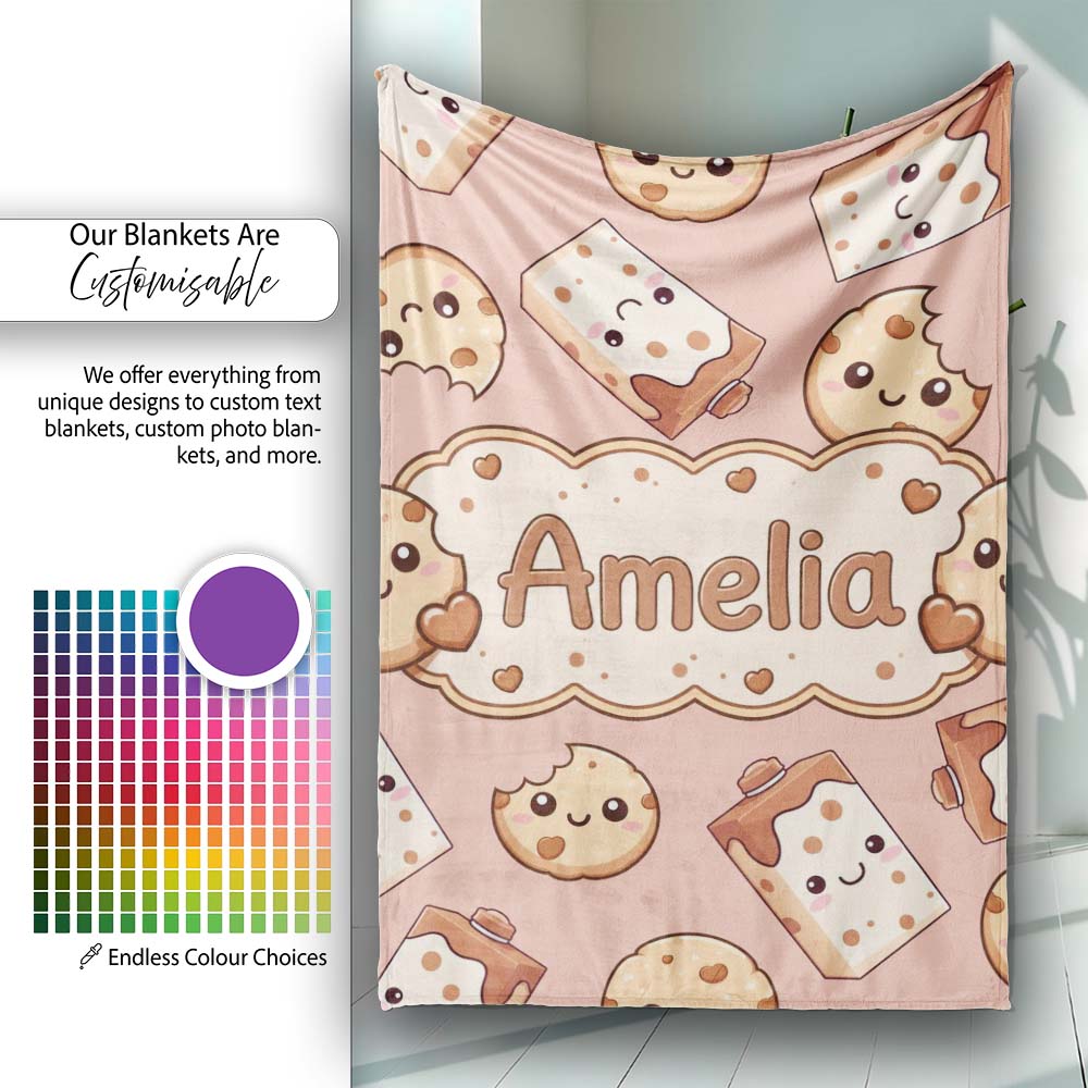 Cute Kawaii Cookies and Milk Cartons on Peach Background Seamless Personalised Custom Name Super Soft Fleece Blanket Bed Sofa Throw