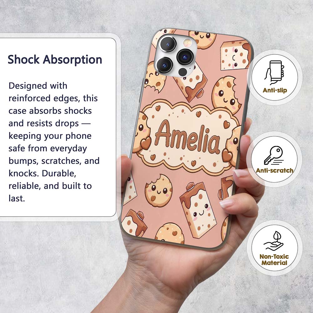 Cute Kawaii Cookies and Milk Cartons on Peach Custom Name Protective Phone Case Mobile Cover Durable Everyday Smartphone Shock Resistant