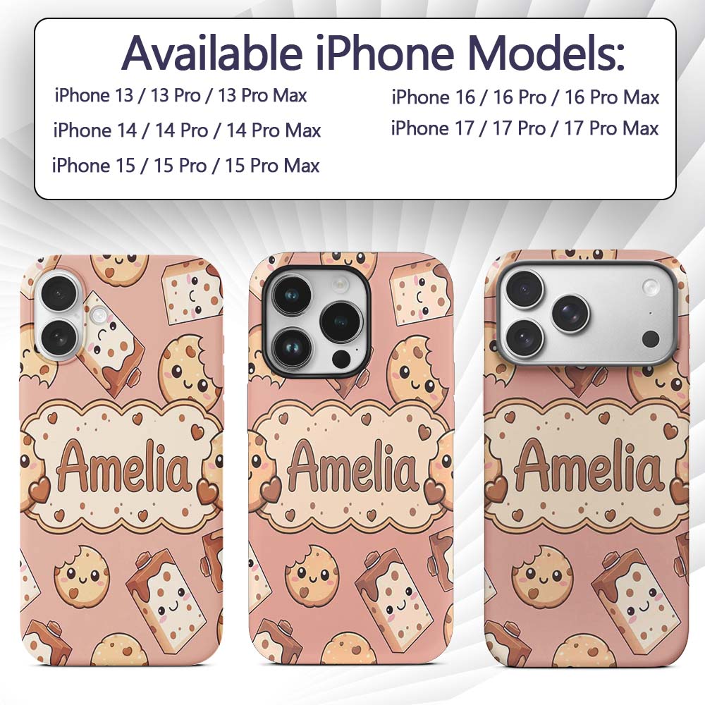 Cute Kawaii Cookies and Milk Cartons on Peach Custom Name Protective Phone Case Mobile Cover Durable Everyday Smartphone Shock Resistant