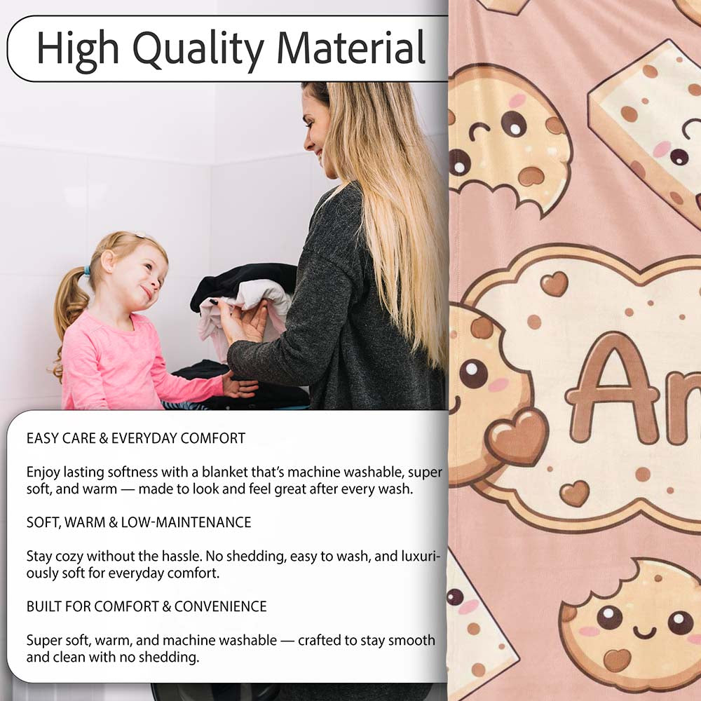 Cute Kawaii Cookies and Milk Cartons on Peach Background Seamless Personalised Custom Name Super Soft Fleece Blanket Bed Sofa Throw