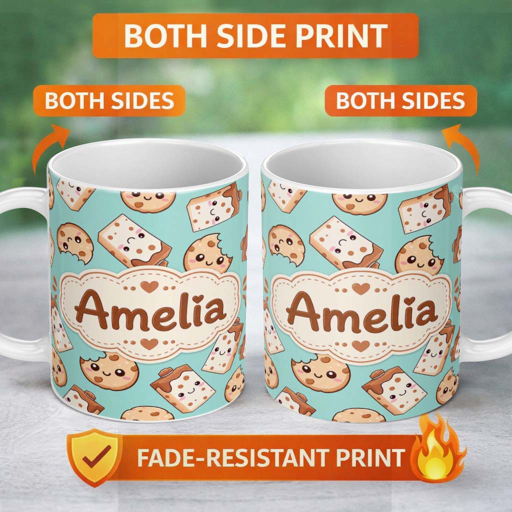 Personalized Custom Name Cute Kawaii Cookies and Milk Cartons on Mint Background Seamless 11oz Ceramic Coffee Tea Mug White Large Handle