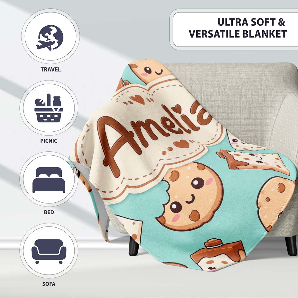 Cute Kawaii Cookies and Milk Cartons on Mint Background Seamless Personalised Custom Name Super Soft Fleece Blanket Bed Sofa Throw