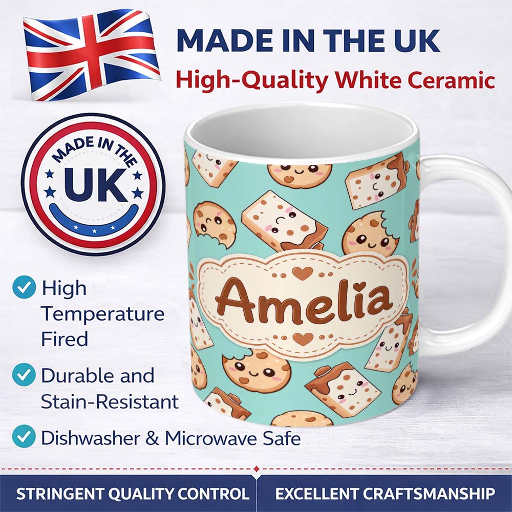 Personalized Custom Name Cute Kawaii Cookies and Milk Cartons on Mint Background Seamless 11oz Ceramic Coffee Tea Mug White Large Handle
