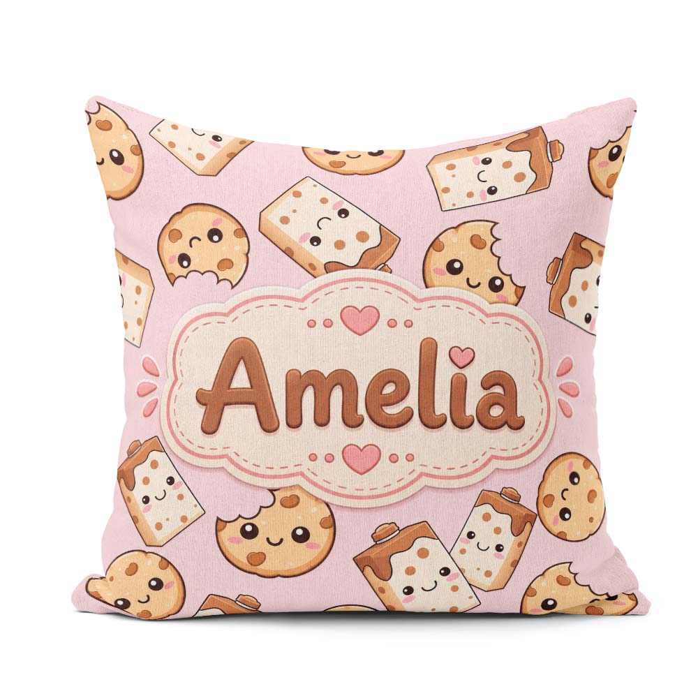 Custom Name Cookies and Milk Cartons on Pink Background Seamless Square Filled Cushion Throw Pillow Sofa Bed Home Decor Zip Washable UK Made