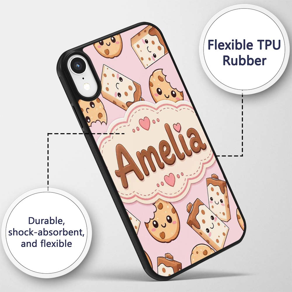 Cute Kawaii Cookies and Milk Cartons on Pink Custom Name Protective Phone Case Mobile Cover Durable Everyday Smartphone Shock Resistant