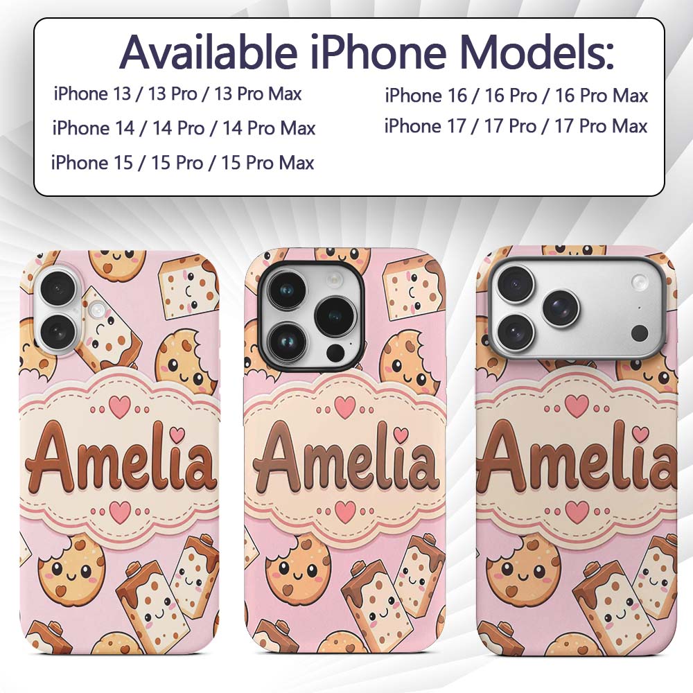 Cute Kawaii Cookies and Milk Cartons on Pink Custom Name Protective Phone Case Mobile Cover Durable Everyday Smartphone Shock Resistant