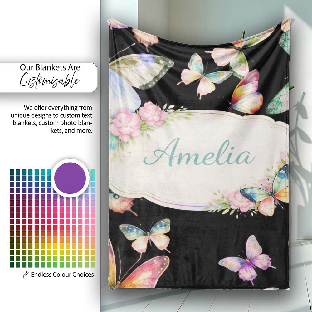 Soft Multicolor Watercolor Butterflies Dark Background Seamless Personalised Custom Name Super Soft Fleece Blanket Bed Sofa Throw