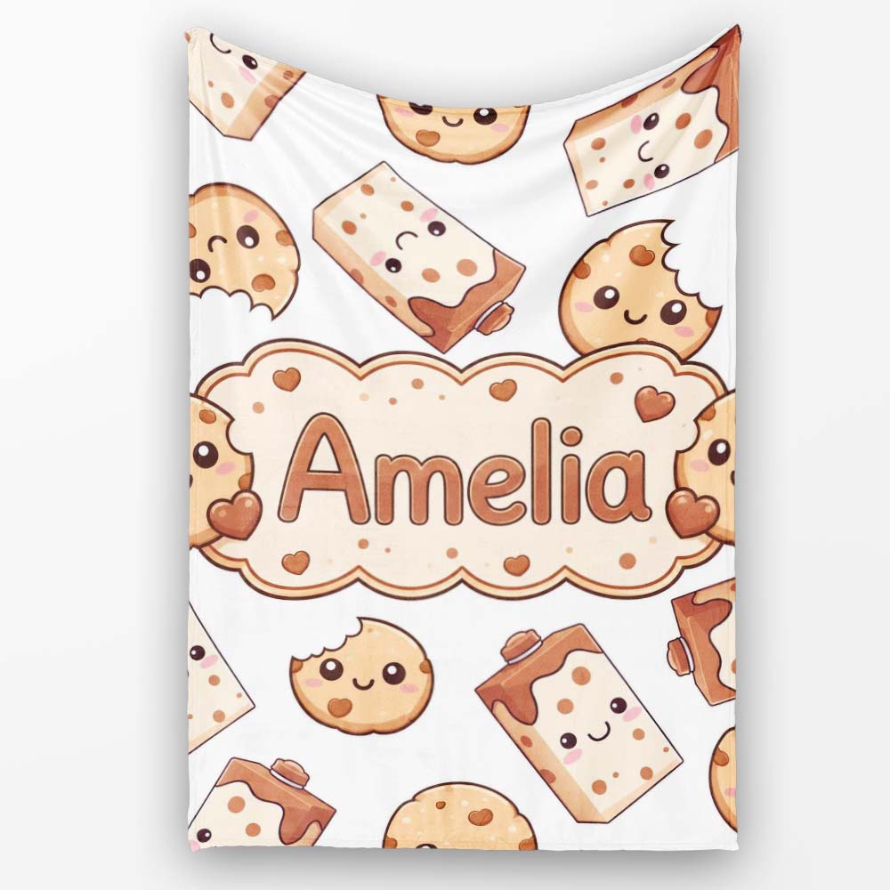 Cute Kawaii Cookies and Milk Cartons on White Background Seamless Personalised Custom Name Super Soft Fleece Blanket Bed Sofa Throw