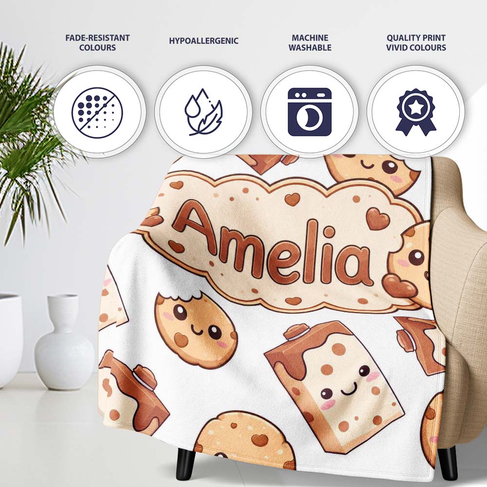 Cute Kawaii Cookies and Milk Cartons on White Background Seamless Personalised Custom Name Super Soft Fleece Blanket Bed Sofa Throw