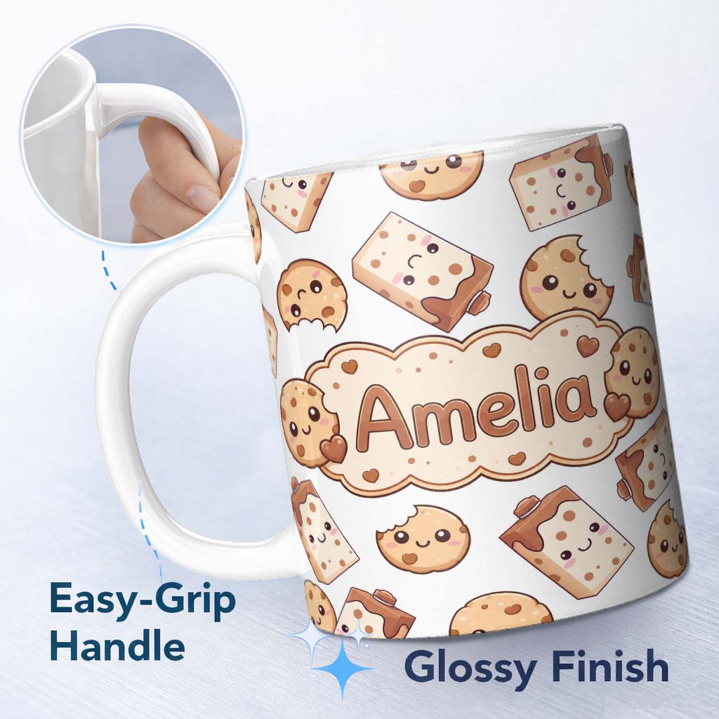 Personalized Custom Name Cute Kawaii Cookies and Milk Cartons on White Background Seamless 11oz Ceramic Coffee Tea Mug White Large Handle