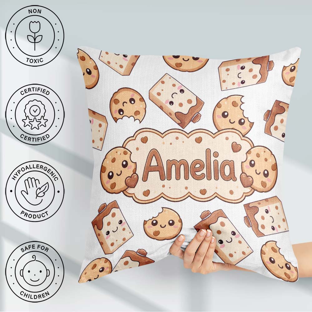 Custom Name Kawaii Cookies and Milk on White Background Seamless Square Filled Cushion Throw Pillow Sofa Bed Home Decor Zip Washable UK Made