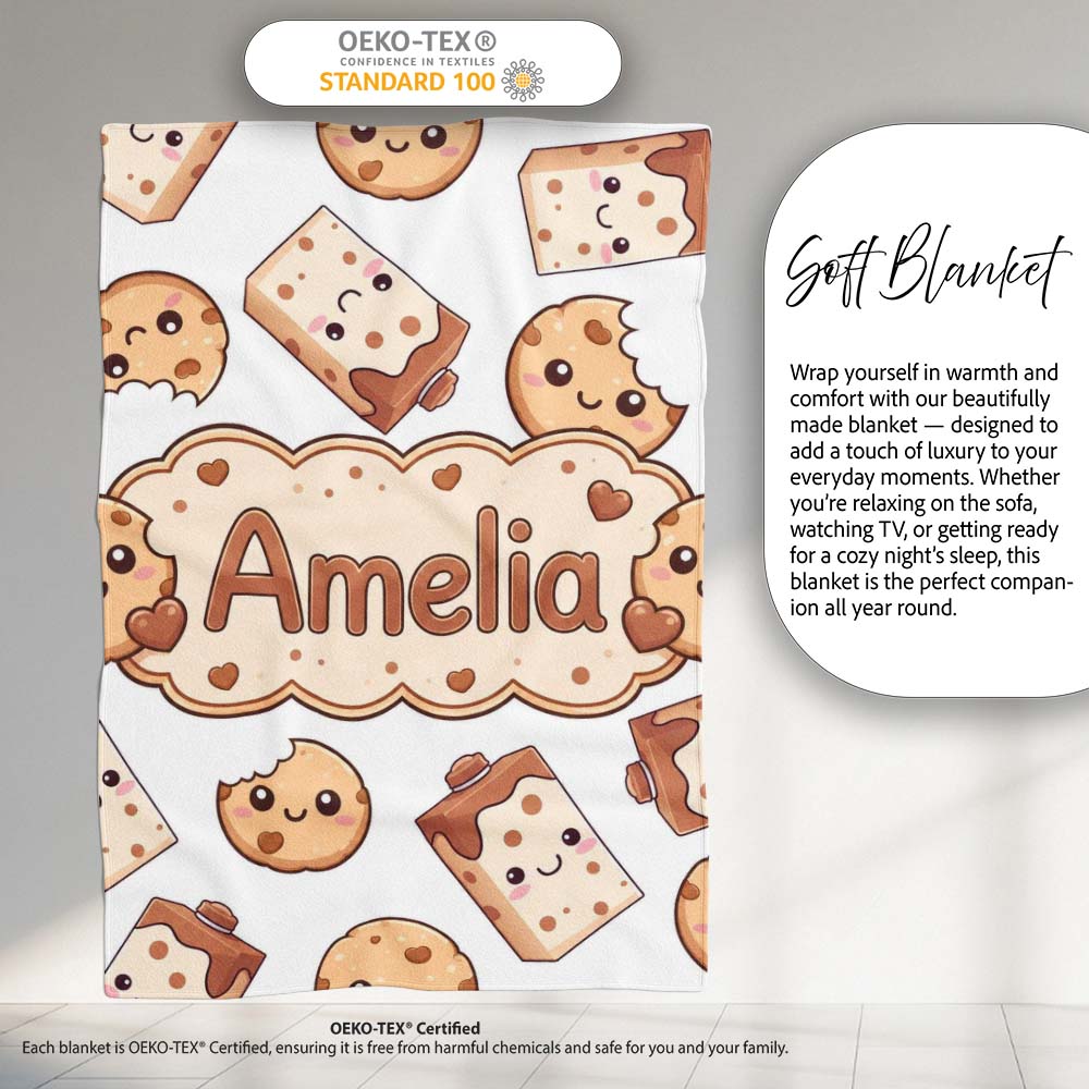 Cute Kawaii Cookies and Milk Cartons on White Background Seamless Personalised Custom Name Super Soft Fleece Blanket Bed Sofa Throw