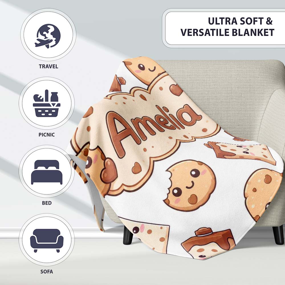 Cute Kawaii Cookies and Milk Cartons on White Background Seamless Personalised Custom Name Super Soft Fleece Blanket Bed Sofa Throw