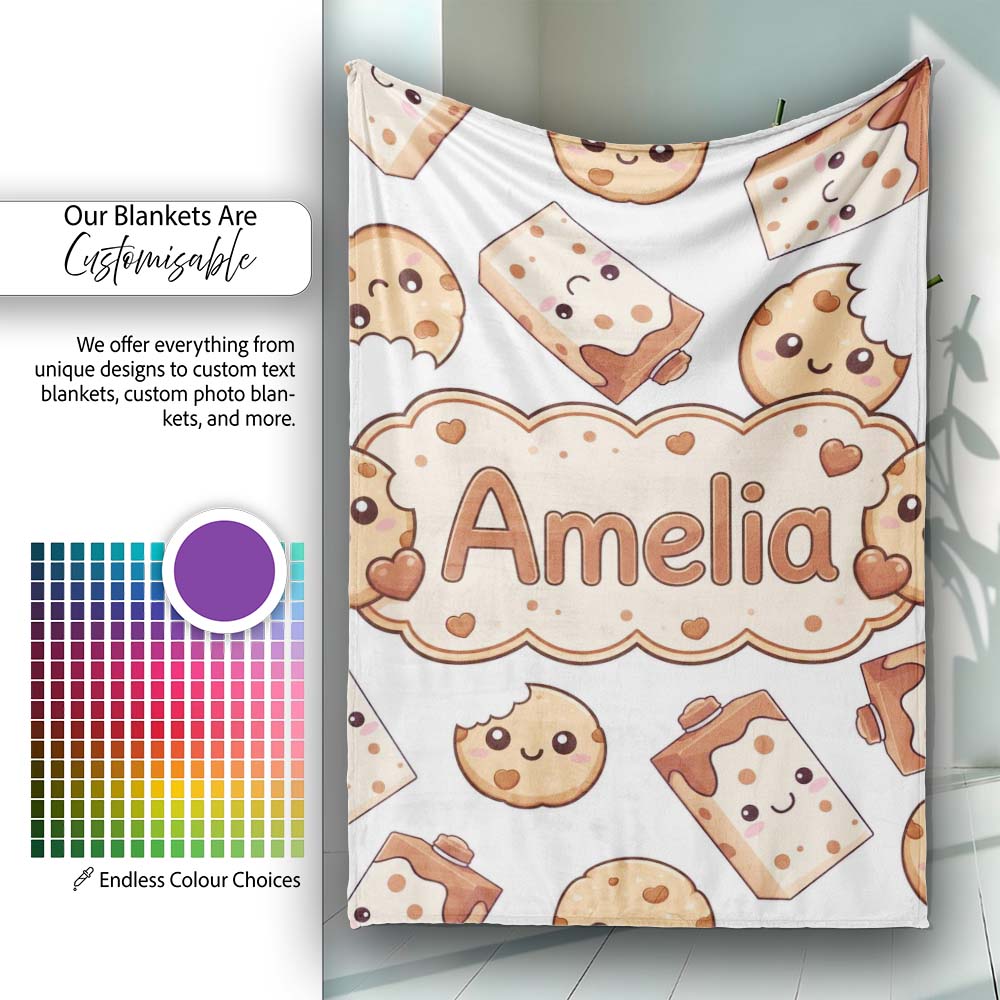 Cute Kawaii Cookies and Milk Cartons on White Background Seamless Personalised Custom Name Super Soft Fleece Blanket Bed Sofa Throw