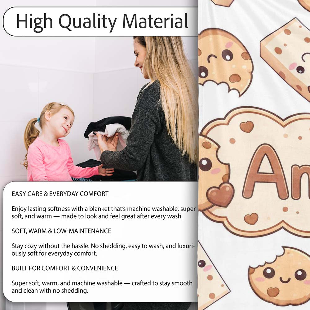 Cute Kawaii Cookies and Milk Cartons on White Background Seamless Personalised Custom Name Super Soft Fleece Blanket Bed Sofa Throw