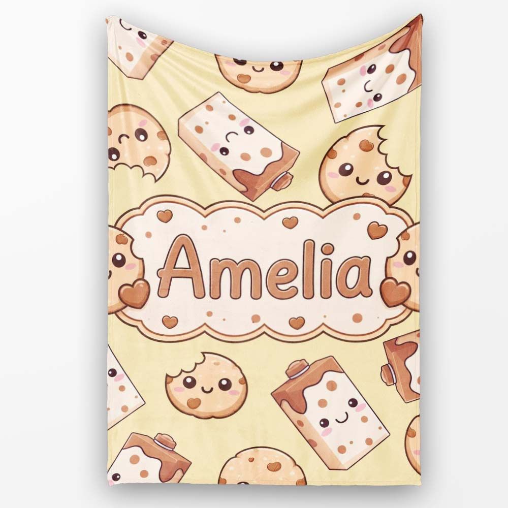 Cute Kawaii Cookies and Milk Cartons on Beige Background Seamless Personalised Custom Name Super Soft Fleece Blanket Bed Sofa Throw