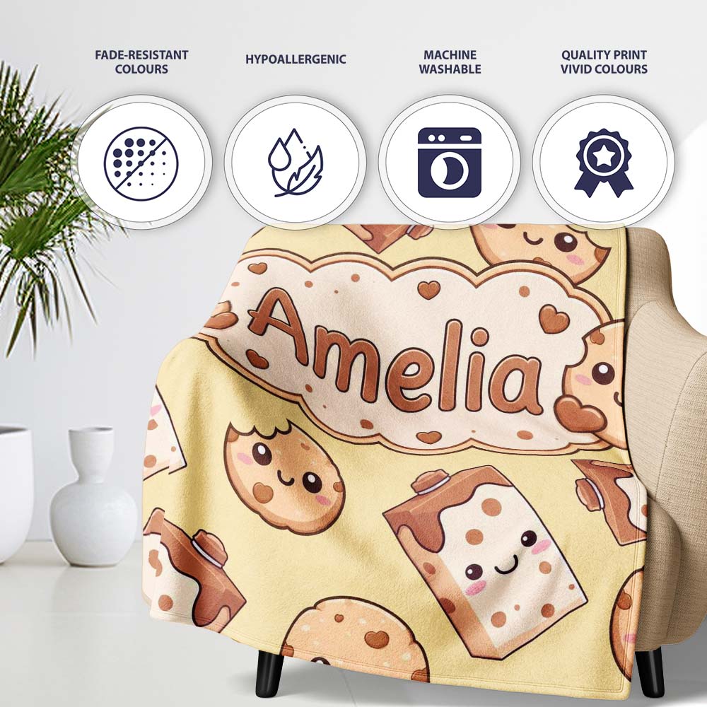 Cute Kawaii Cookies and Milk Cartons on Beige Background Seamless Personalised Custom Name Super Soft Fleece Blanket Bed Sofa Throw