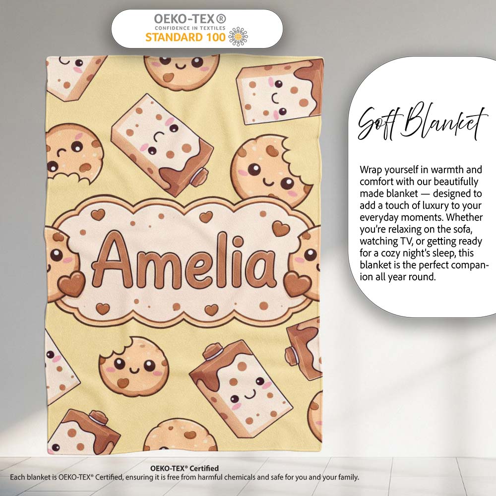 Cute Kawaii Cookies and Milk Cartons on Beige Background Seamless Personalised Custom Name Super Soft Fleece Blanket Bed Sofa Throw