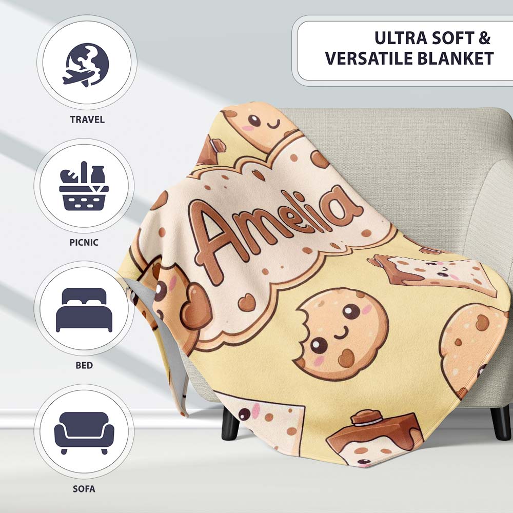Cute Kawaii Cookies and Milk Cartons on Beige Background Seamless Personalised Custom Name Super Soft Fleece Blanket Bed Sofa Throw