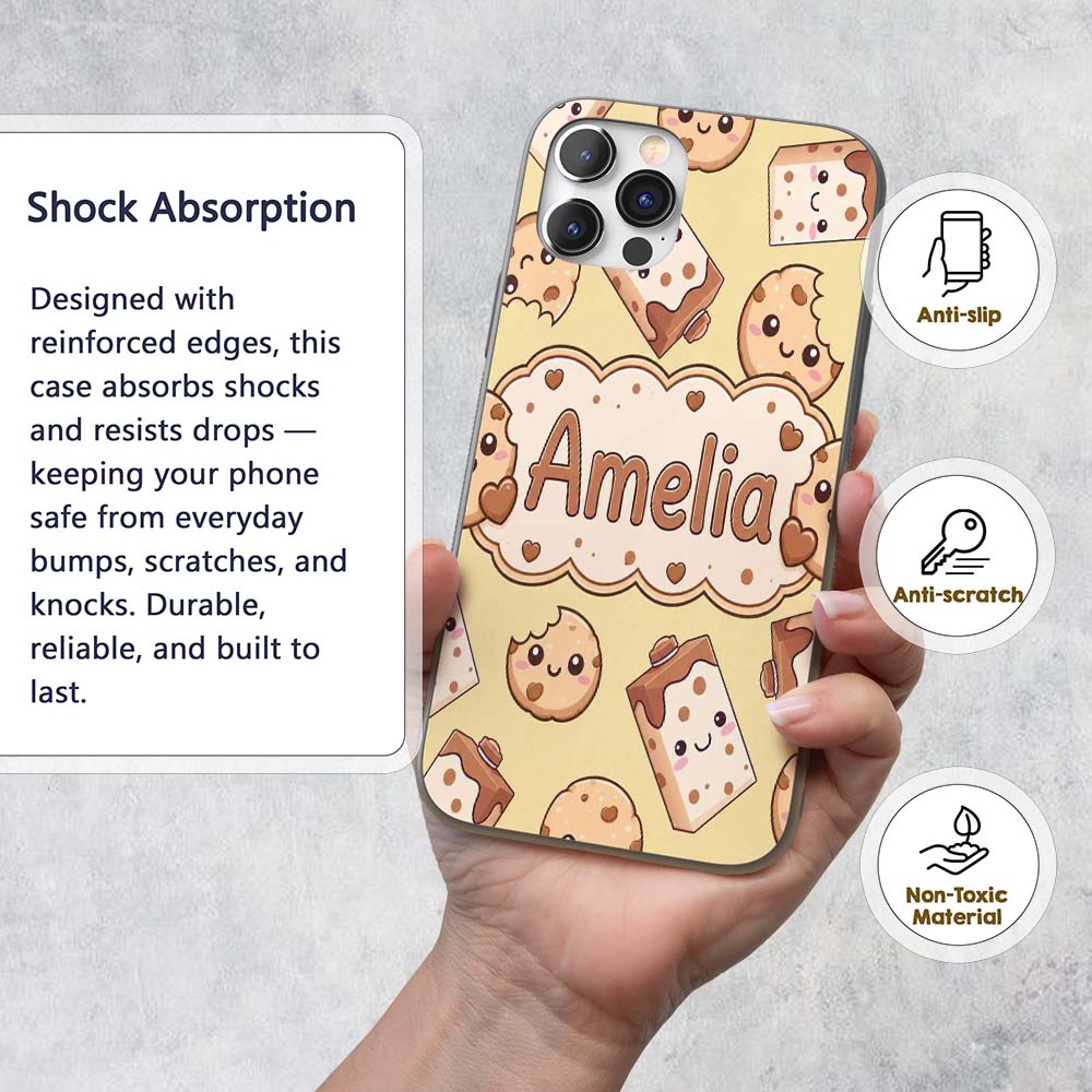 Cute Kawaii Cookies and Milk Cartons on Beige Custom Name Protective Phone Case Mobile Cover Durable Everyday Smartphone Shock Resistant