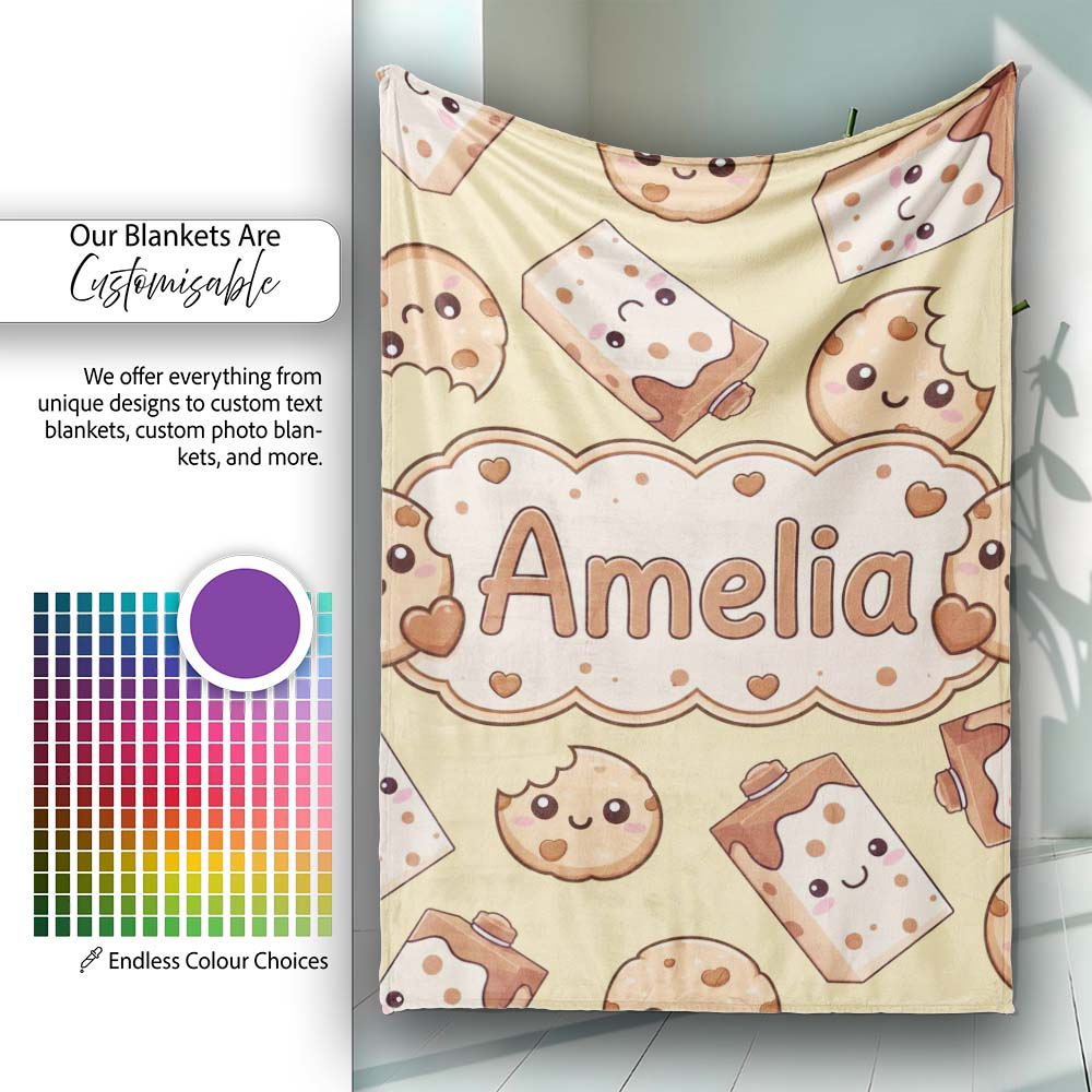 Cute Kawaii Cookies and Milk Cartons on Beige Background Seamless Personalised Custom Name Super Soft Fleece Blanket Bed Sofa Throw