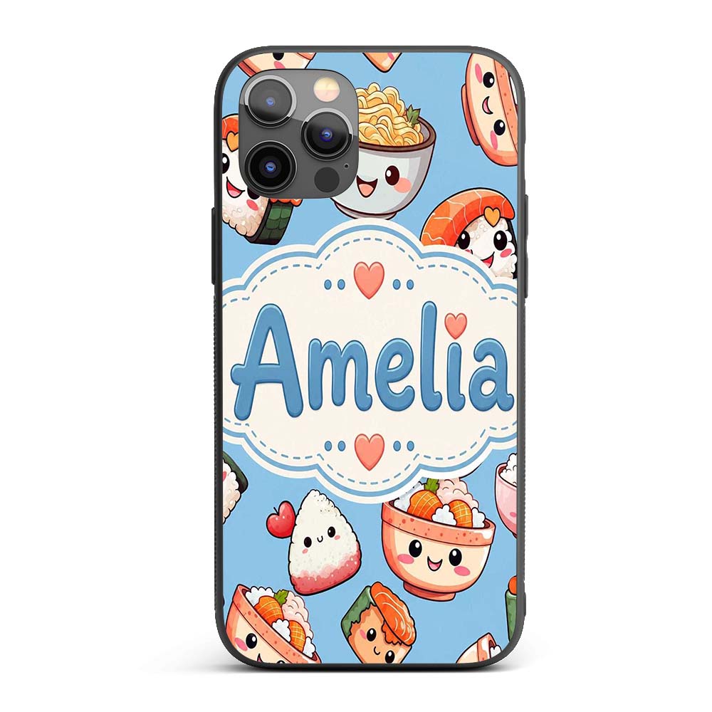Cute Kawaii Sushi Rice Bowls and Noodles on Blue Custom Name Protective Phone Case Mobile Cover Durable Everyday Smartphone Shock Resistant