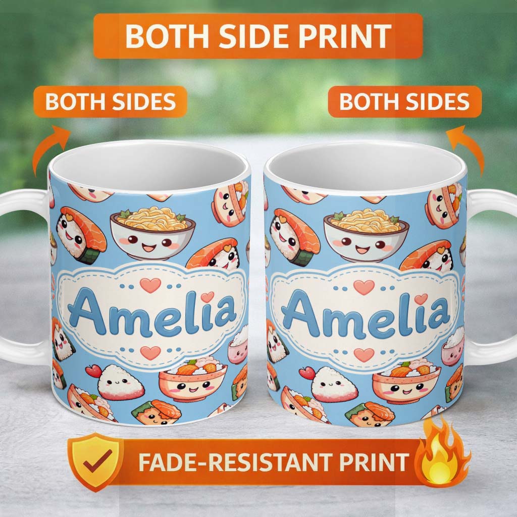 Personalized Custom Name Cute Kawaii Sushi Rice Bowls and Noodles on Blue Background 11oz Ceramic Coffee Tea Mug White Large Handle