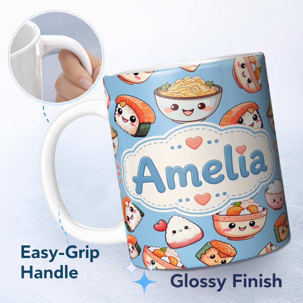 Personalized Custom Name Cute Kawaii Sushi Rice Bowls and Noodles on Blue Background 11oz Ceramic Coffee Tea Mug White Large Handle