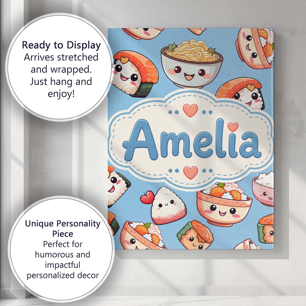 Personalised Name Cute Kawaii Sushi Rice Custom Unique Gift Idea Elegant Feature Canvas Wall Art Print Decor Picture Ready to Hang