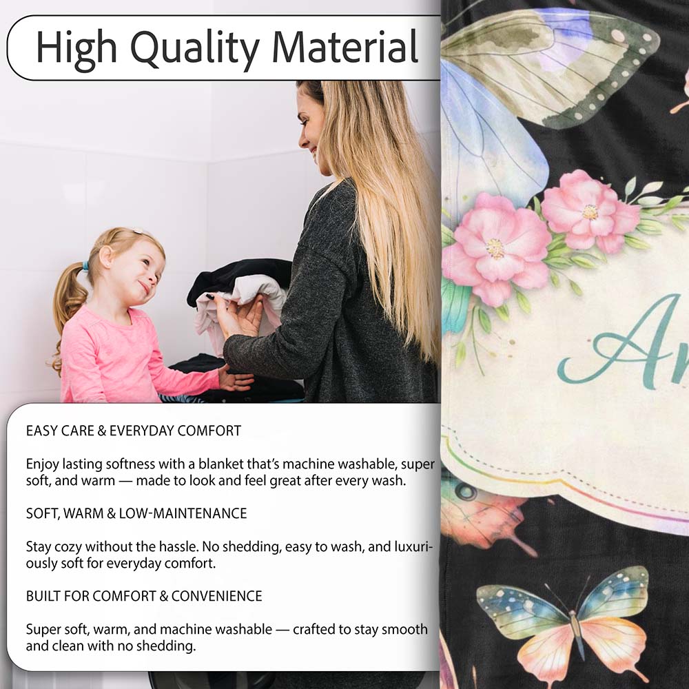 Soft Multicolor Watercolor Butterflies Dark Background Seamless Personalised Custom Name Super Soft Fleece Blanket Bed Sofa Throw