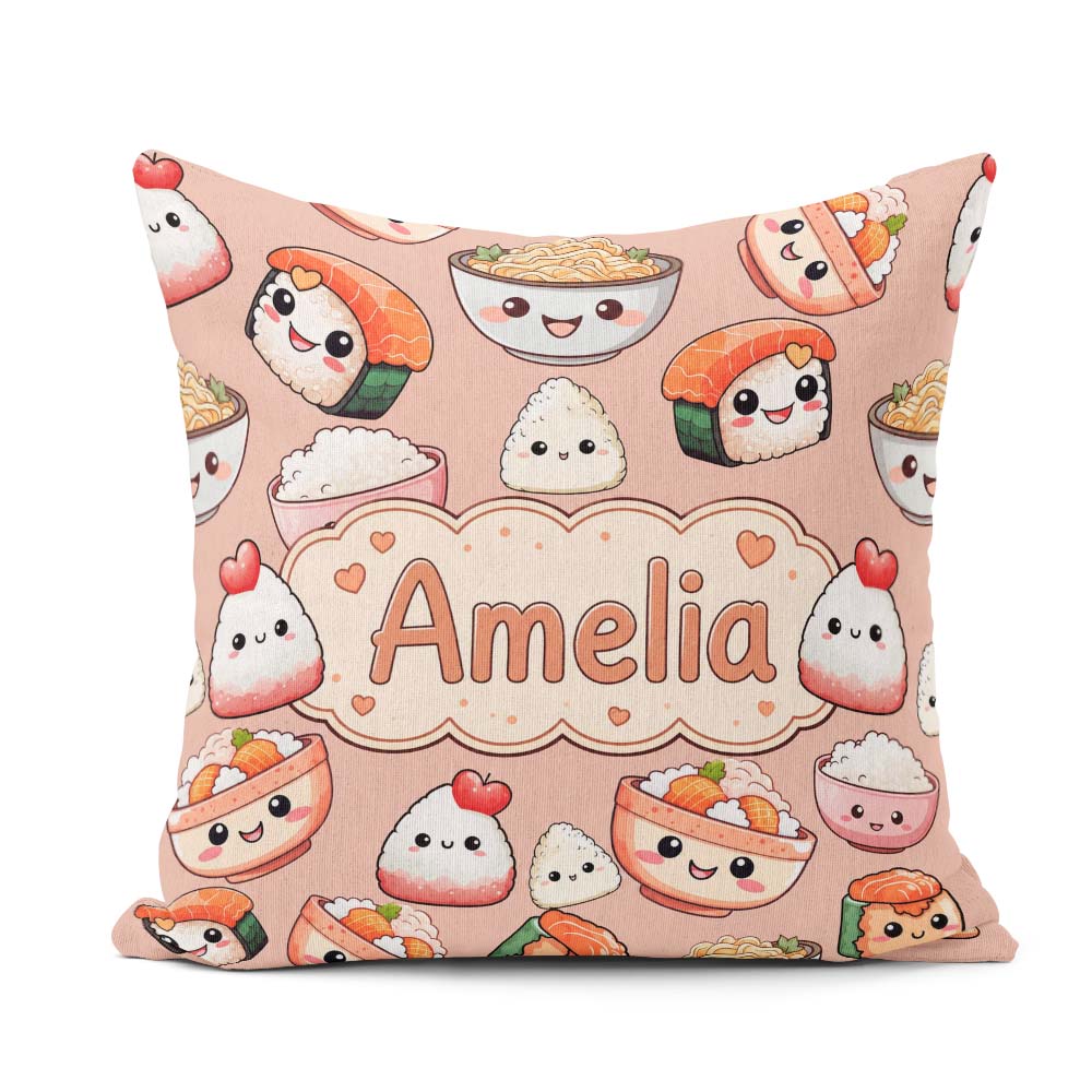 Custom Name Cute Kawaii Sushi Rice Bowls and on Peach Background Square Filled Cushion Throw Pillow Sofa Bed Home Decor Zip Washable UK Made