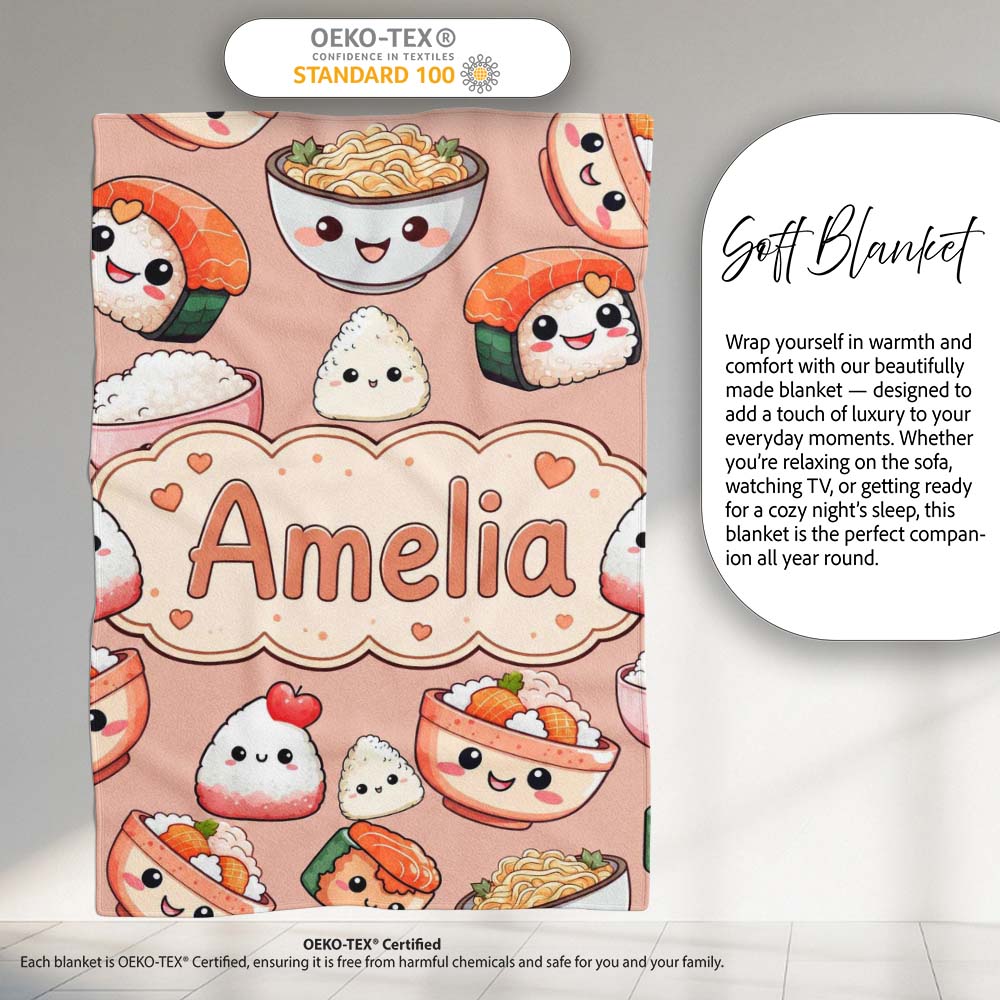 Cute Kawaii Sushi Rice Bowls and Noodles on Peach Background Personalised Custom Name Super Soft Fleece Blanket Bed Sofa Throw