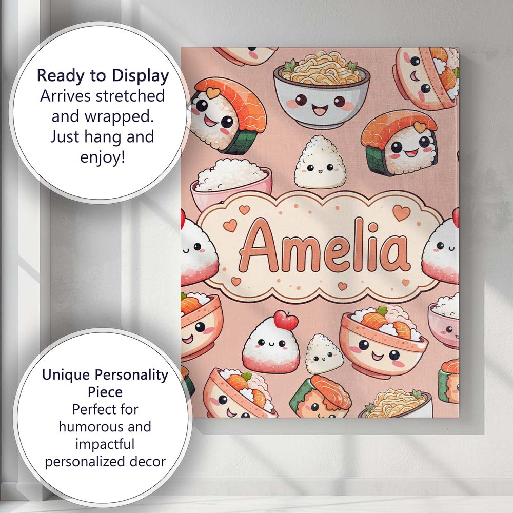 Personalised Name Cute Kawaii Sushi Rice Custom Unique Gift Idea Elegant Feature Canvas Wall Art Print Decor Picture Ready to Hang
