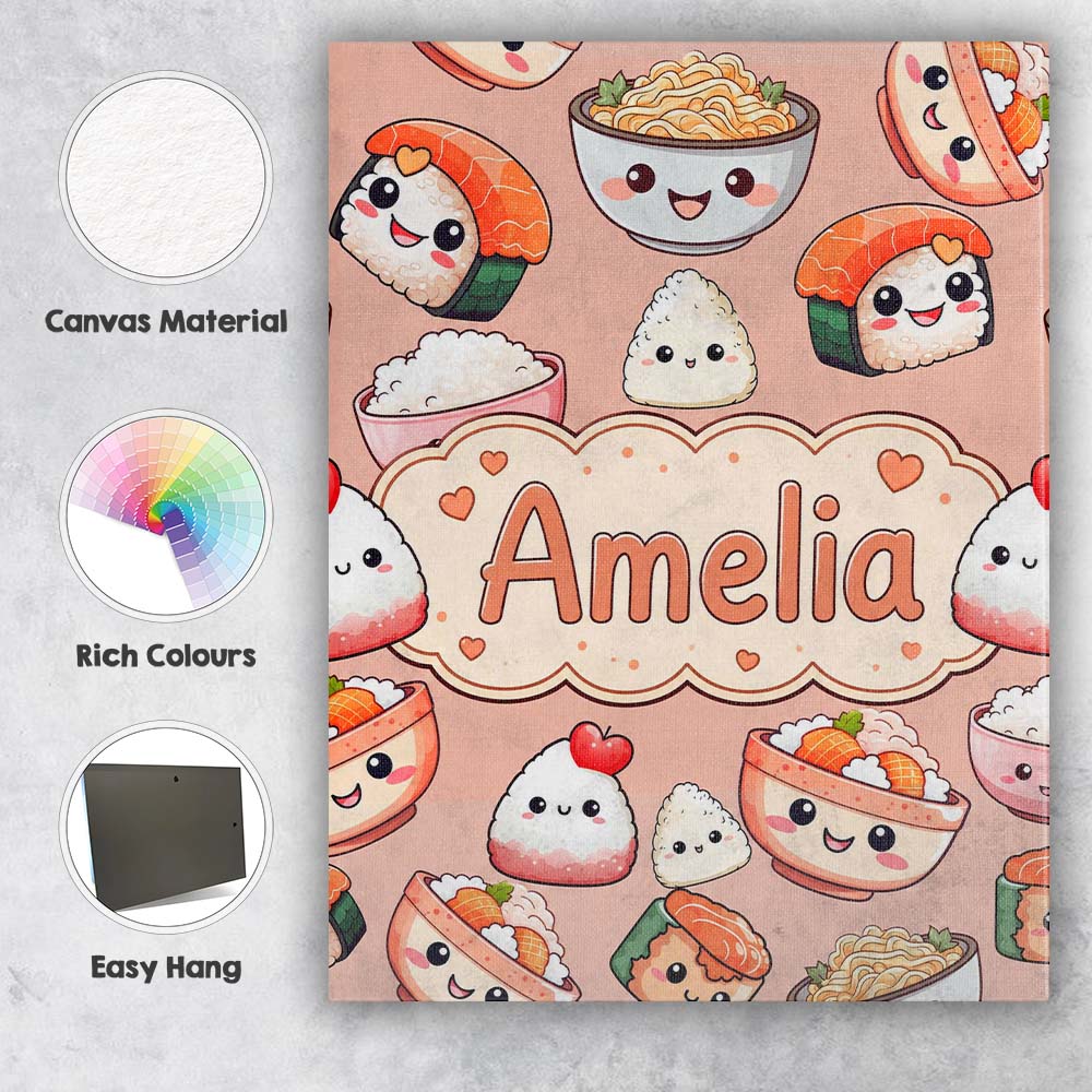 Personalised Name Cute Kawaii Sushi Rice Custom Unique Gift Idea Elegant Feature Canvas Wall Art Print Decor Picture Ready to Hang