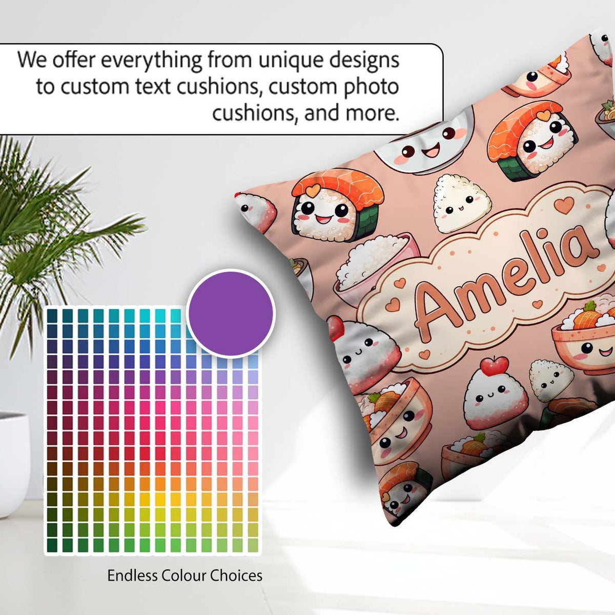 Custom Name Cute Kawaii Sushi Rice Bowls and on Peach Background Square Filled Cushion Throw Pillow Sofa Bed Home Decor Zip Washable UK Made