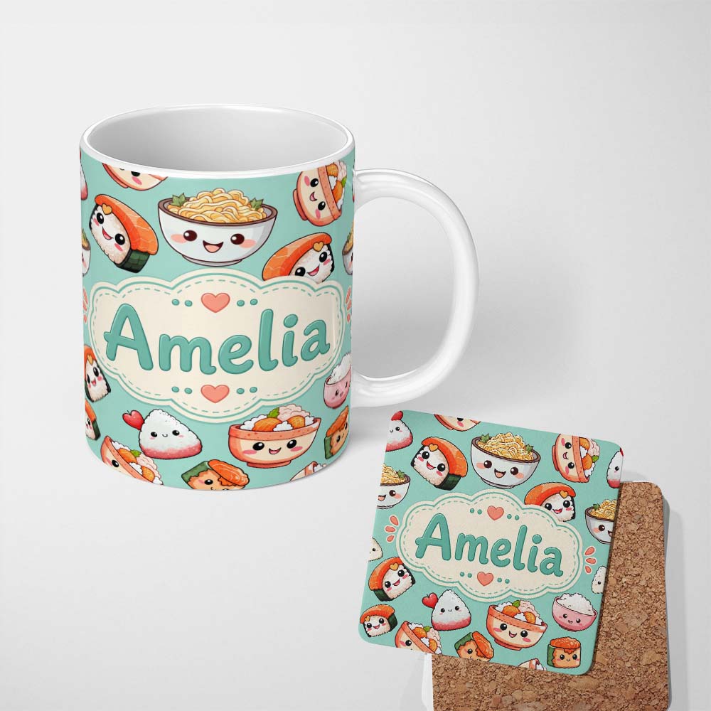 Personalized Custom Name Cute Kawaii Sushi Rice Bowls and Noodles on Mint Background 11oz Ceramic Coffee Tea Mug White Large Handle