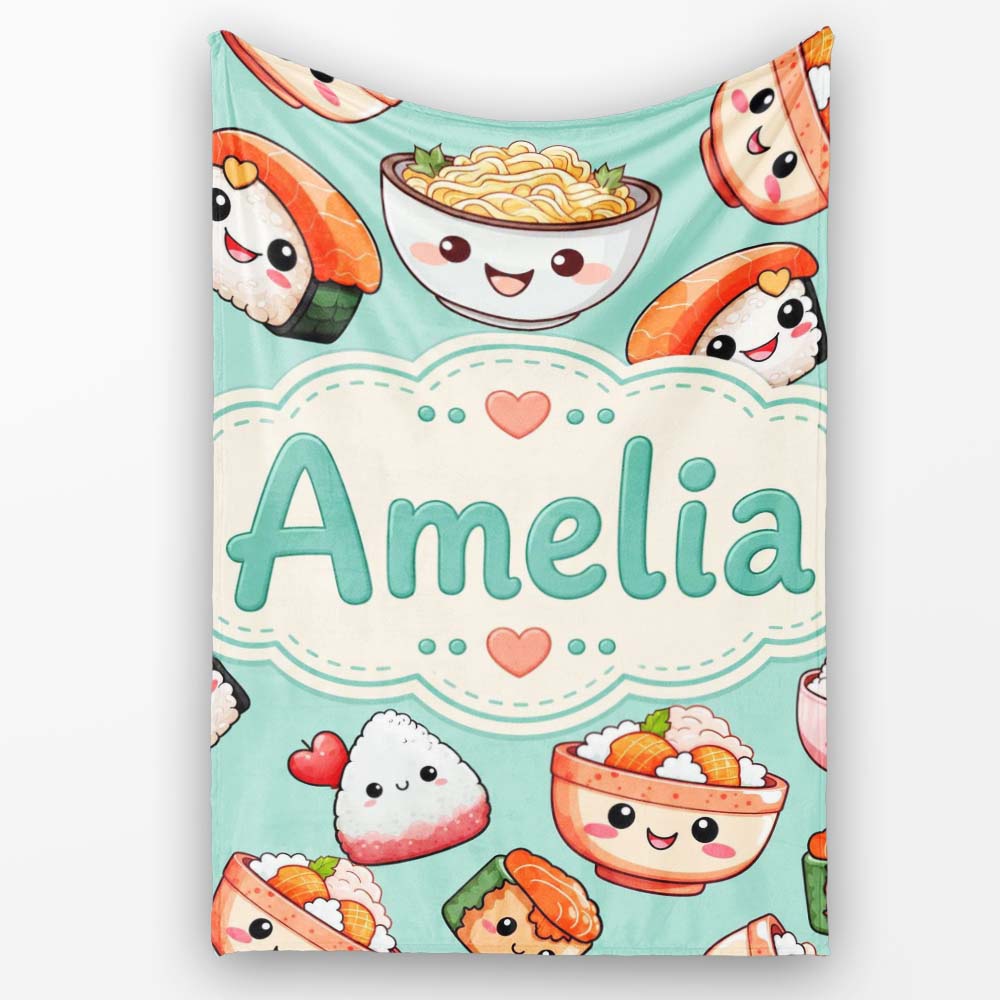 Cute Kawaii Sushi Rice Bowls and Noodles on Mint Background Personalised Custom Name Super Soft Fleece Blanket Bed Sofa Throw