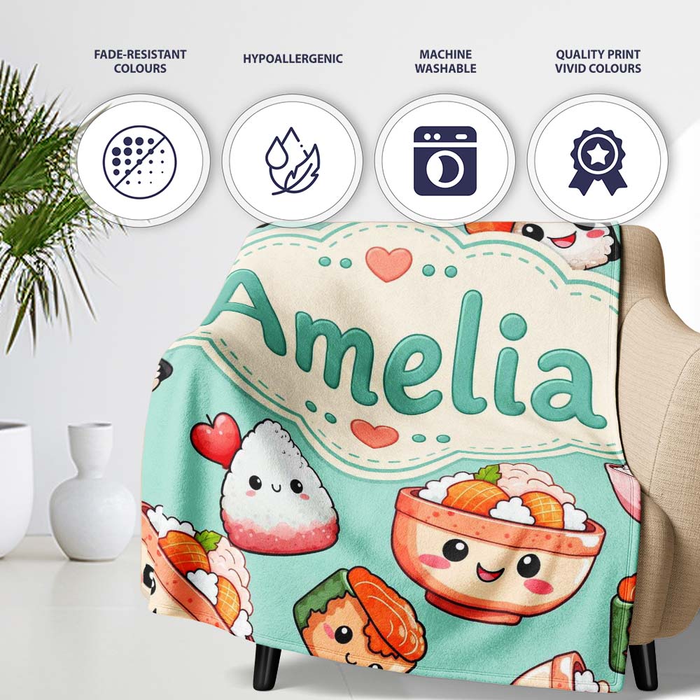 Cute Kawaii Sushi Rice Bowls and Noodles on Mint Background Personalised Custom Name Super Soft Fleece Blanket Bed Sofa Throw