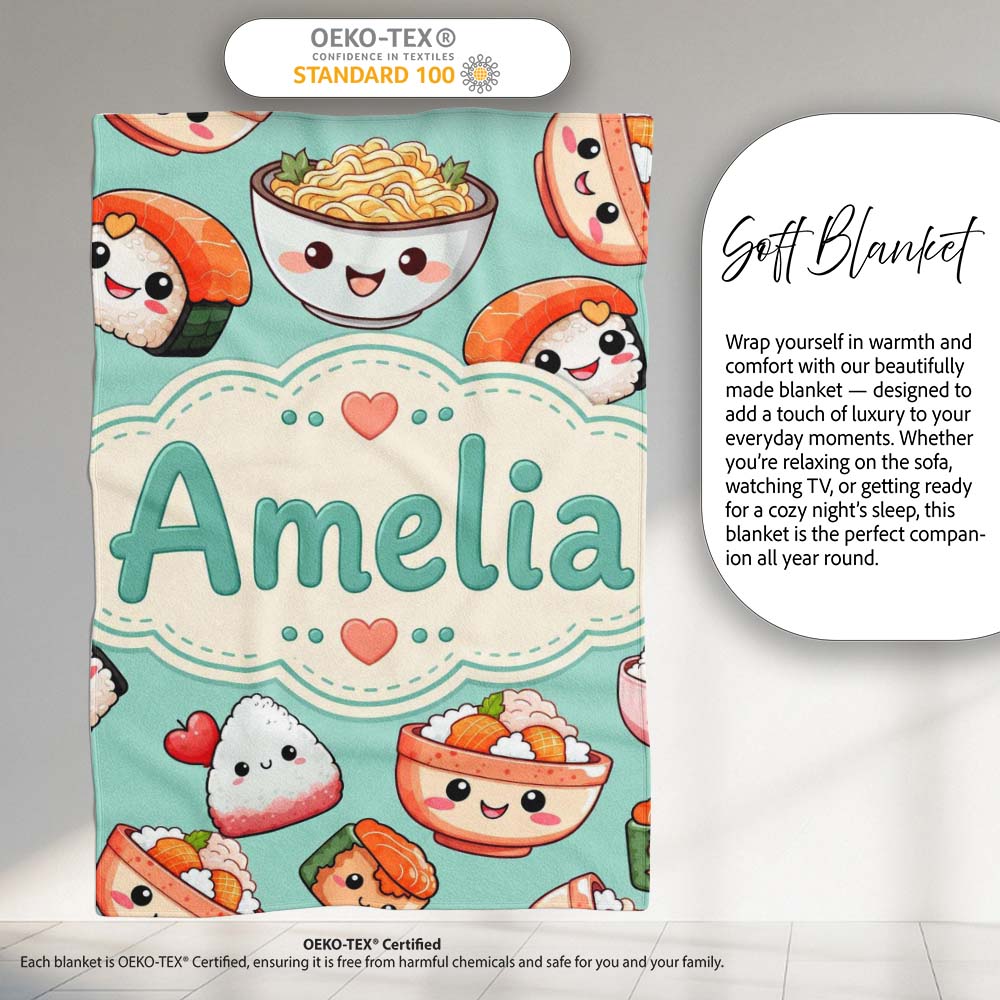Cute Kawaii Sushi Rice Bowls and Noodles on Mint Background Personalised Custom Name Super Soft Fleece Blanket Bed Sofa Throw