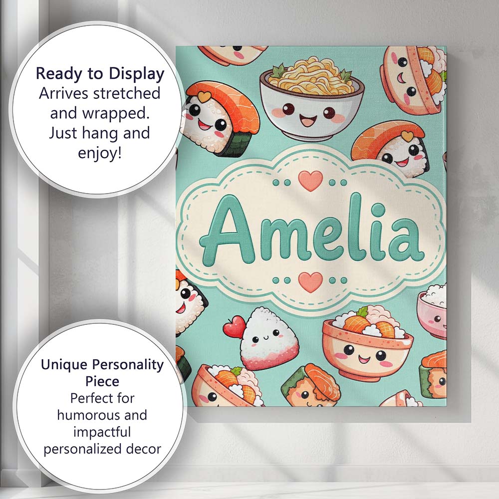 Personalised Name Cute Kawaii Sushi Rice Custom Unique Gift Idea Elegant Feature Canvas Wall Art Print Decor Picture Ready to Hang