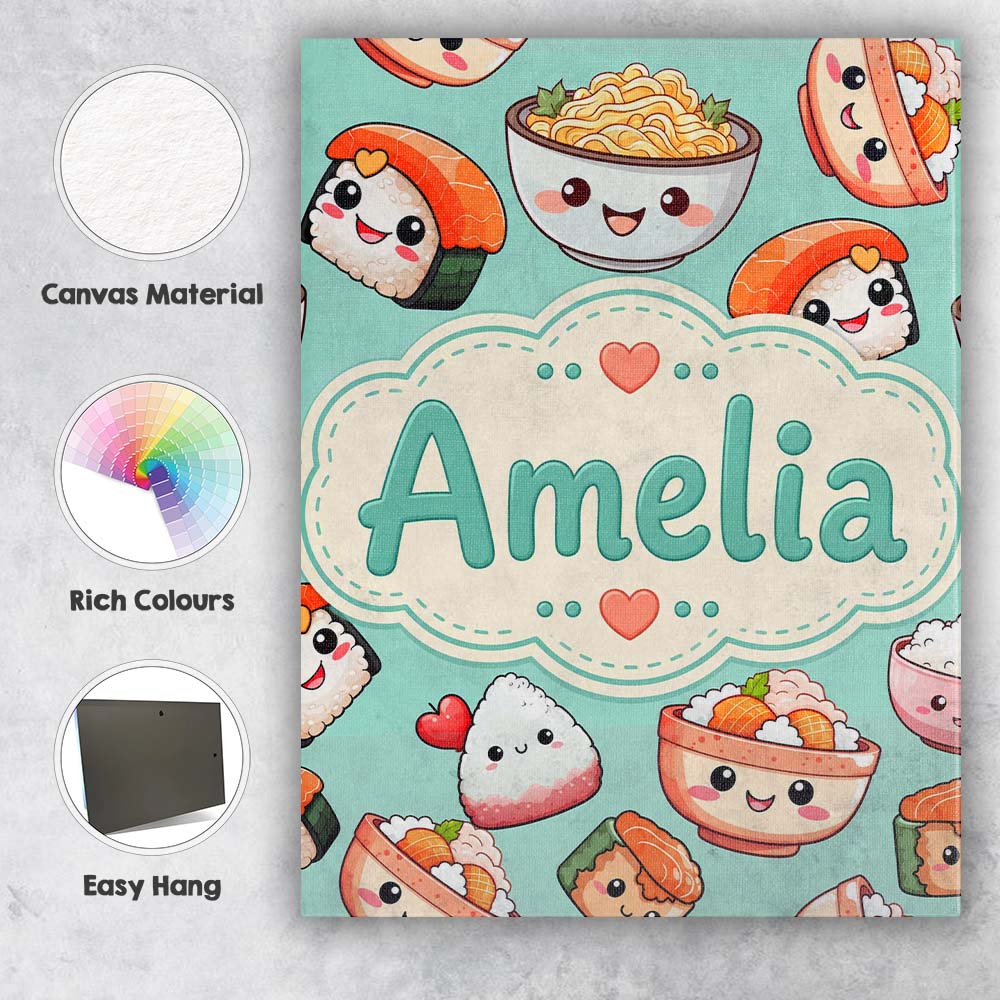 Personalised Name Cute Kawaii Sushi Rice Custom Unique Gift Idea Elegant Feature Canvas Wall Art Print Decor Picture Ready to Hang