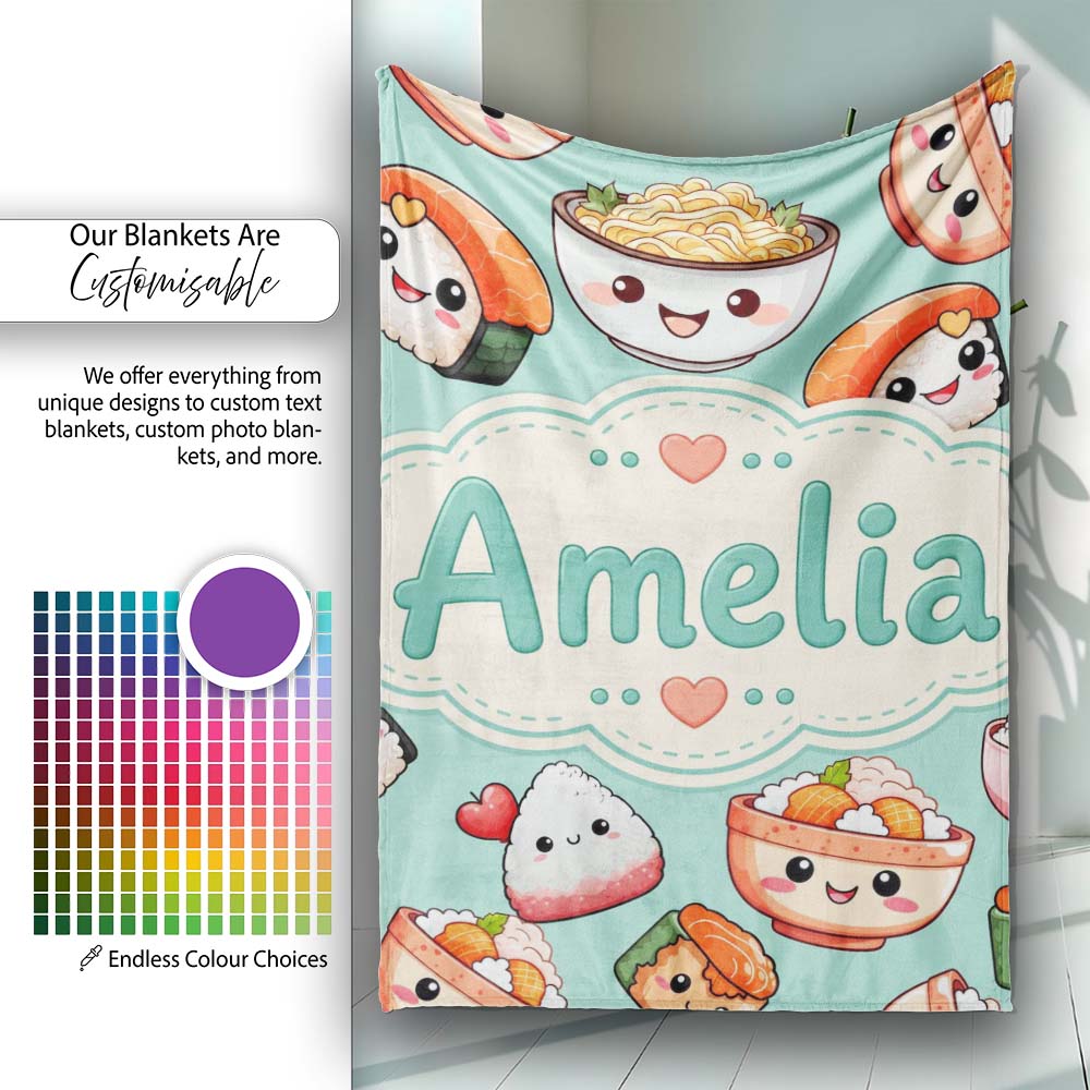 Cute Kawaii Sushi Rice Bowls and Noodles on Mint Background Personalised Custom Name Super Soft Fleece Blanket Bed Sofa Throw