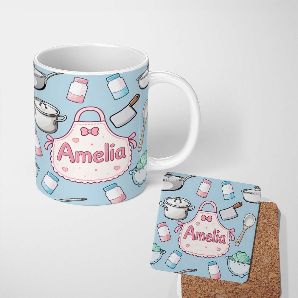 Personalized Custom Name Cute Kawaii Kitchen Utensils and Apron on Blue Background Seamless 11oz Ceramic Coffee Tea Mug White Large Handle