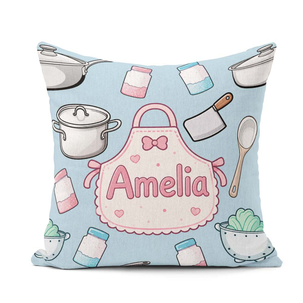 Custom Name Cute Kawaii Utensils and on Blue Background Seamless Square Filled Cushion Throw Pillow Sofa Bed Home Decor Zip Washable UK Made